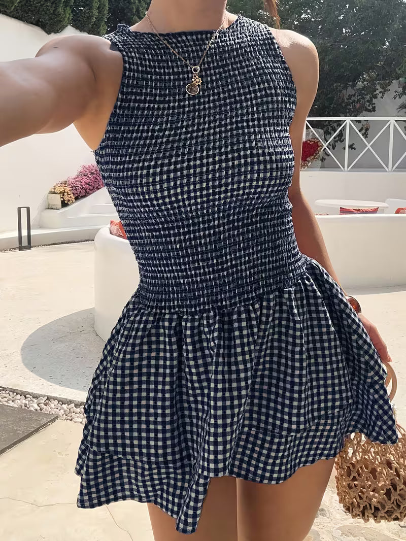 Gesmoktes Gingham-Minikleid
