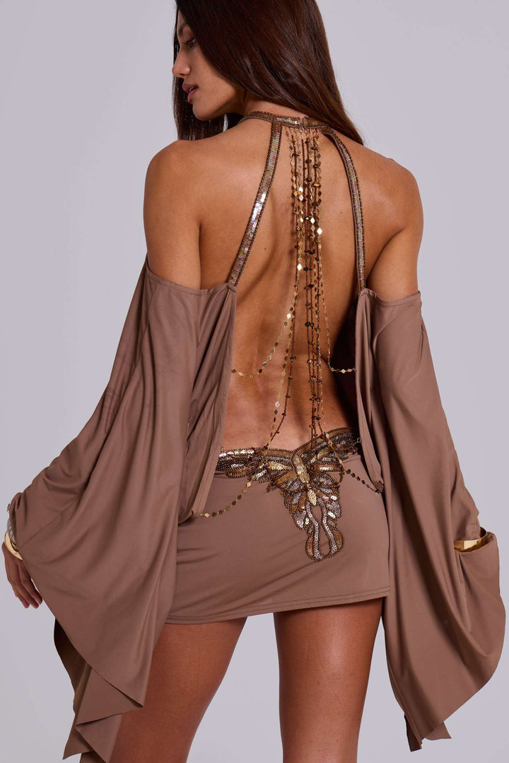 Embellished Open-Back Mini Dress